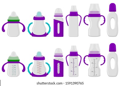 Illustration on theme big colored kit baby milk in bottle with rubber pacifier. Baby milk bottle consisting of collection to newborn, good pacifier. Pacifier in milk baby bottle it baby care equipment