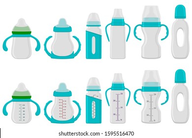 Illustration on theme big colored kit baby milk in bottle with rubber pacifier. Baby milk bottle consisting of collection to newborn, good pacifier. Pacifier in milk baby bottle it baby care equipment