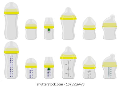 Illustration on theme big colored kit baby milk in bottle with rubber pacifier. Baby milk bottle consisting of collection to newborn, good pacifier. Pacifier in milk baby bottle it baby care equipment