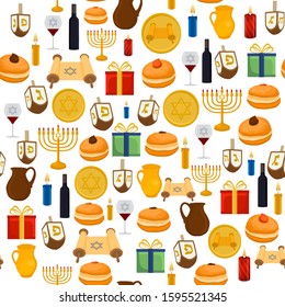 Illustration on theme big colored pattern Hanukkah, seamless set clay jug. Seamless pattern consisting of collection jug liquid oil, accessory holiday Hanukkah. Seamless Hanukkah, pattern in old jug.