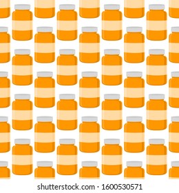 Illustration on theme big colored set different types of pills inside close jar. Pill pattern consisting of collection jars with quality control closed cap. Plastic jar open for drink laboratory pill.