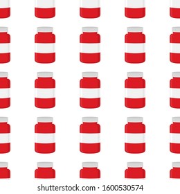 Illustration on theme big colored set different types of pills inside close jar. Pill pattern consisting of collection jars with quality control closed cap. Plastic jar open for drink laboratory pill.