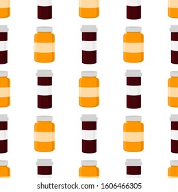 Illustration on theme big colored set different types of pills inside close jar. Pill pattern consisting of collection jars with quality control closed cap. Plastic jar open for drink laboratory pill.