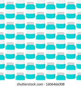 Illustration on theme big colored set different types of pills inside close jar. Pill pattern consisting of collection jars with quality control closed cap. Plastic jar open for drink laboratory pill.