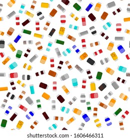 Illustration on theme big colored set different types of pills inside close jar. Pill pattern consisting of collection jars with quality control closed cap. Plastic jar open for drink laboratory pill.