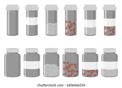 Illustration on theme big colored set different types of pills inside close jar. Pill pattern consisting of collection jars with quality control closed cap. Plastic jar open for drink laboratory pill