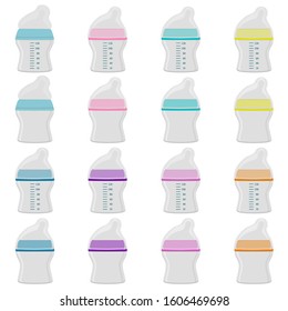 Illustration on theme big colored kit baby milk in bottle with rubber pacifier. Baby milk bottle consisting of collection to newborn, good pacifier. Pacifier in milk baby bottle it baby care equipment