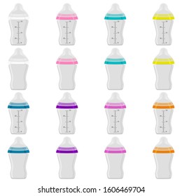 Illustration on theme big colored kit baby milk in bottle with rubber pacifier. Baby milk bottle consisting of collection to newborn, good pacifier. Pacifier in milk baby bottle it baby care equipment