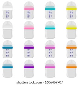 Illustration on theme big colored kit baby milk in bottle with rubber pacifier. Baby milk bottle consisting of collection to newborn, good pacifier. Pacifier in milk baby bottle it baby care equipment