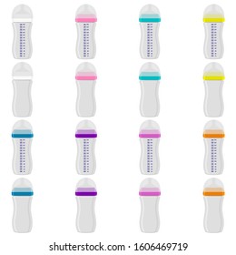 Illustration on theme big colored kit baby milk in bottle with rubber pacifier. Baby milk bottle consisting of collection to newborn, good pacifier. Pacifier in milk baby bottle it baby care equipment