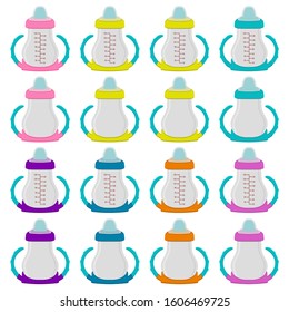 Illustration on theme big colored kit baby milk in bottle with rubber pacifier. Baby milk bottle consisting of collection to newborn, good pacifier. Pacifier in milk baby bottle it baby care equipment