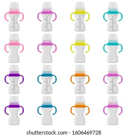 Illustration on theme big colored kit baby milk in bottle with rubber pacifier. Baby milk bottle consisting of collection to newborn, good pacifier. Pacifier in milk baby bottle it baby care equipment