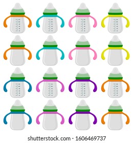 Illustration on theme big colored kit baby milk in bottle with rubber pacifier. Baby milk bottle consisting of collection to newborn, good pacifier. Pacifier in milk baby bottle it baby care equipment