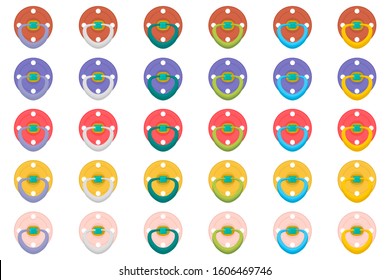 Illustration on theme big colored set baby pacifiers, dummy with rubber nipple. Baby pacifiers consisting of collection to newborn, good dummy nipple. Dummy nipple in pacifiers it baby care equipment.