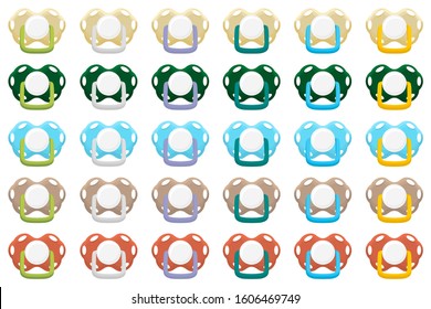 Illustration on theme big colored set baby pacifiers, dummy with rubber nipple. Baby pacifiers consisting of collection to newborn, good dummy nipple. Dummy nipple in pacifiers it baby care equipment.