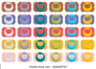 Illustration on theme big colored set baby pacifiers, dummy with rubber nipple. Baby pacifiers consisting of collection to newborn, good dummy nipple. Dummy nipple in pacifiers it baby care equipment.