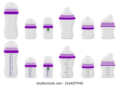 Illustration on theme big colored kit baby milk in bottle with rubber pacifier. Baby milk bottle consisting of collection to newborn, good pacifier. Pacifier in milk baby bottle it baby care equipment