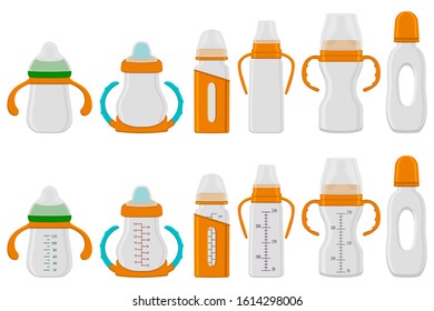Illustration on theme big colored kit baby milk in bottle with rubber pacifier. Baby milk bottle consisting of collection to newborn, good pacifier. Pacifier in milk baby bottle it baby care equipment