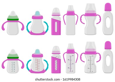 Illustration on theme big colored kit baby milk in bottle with rubber pacifier. Baby milk bottle consisting of collection to newborn, good pacifier. Pacifier in milk baby bottle it baby care equipment