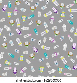 Illustration on theme big colored kit baby milk in bottle with rubber pacifier. Baby milk bottle consisting of collection to newborn, good pacifier. Pacifier in milk baby bottle it baby care equipment