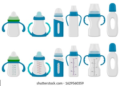 Illustration on theme big colored kit baby milk in bottle with rubber pacifier. Baby milk bottle consisting of collection to newborn, good pacifier. Pacifier in milk baby bottle it baby care equipment