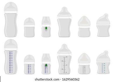Illustration on theme big colored kit baby milk in bottle with rubber pacifier. Baby milk bottle consisting of collection to newborn, good pacifier. Pacifier in milk baby bottle it baby care equipment
