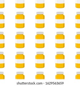 Illustration on theme big colored set different types of pills inside close jar. Pill pattern consisting of collection jars with quality control closed cap. Plastic jar open for drink laboratory pill.