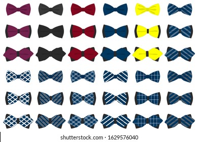 Illustration on theme big colored set ribbon different types, bow tie various size. Ribbon pattern consisting of collection textile garments bow tie for beauty. Bow tie is accessory fun man in ribbon.