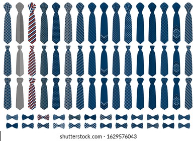 Illustration on theme big colored set neckties different types, bow tie various size. Necktie consisting of collection textile garments bow tie for beauty. Bow tie is accessory brutal man in necktie.