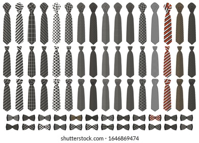 Illustration on theme big colored set neckties different types, bow tie various size. Necktie consisting of collection textile garments bow tie for beauty. Bow tie is accessory brutal man in necktie.