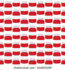 Illustration on theme big colored set different types of pills inside close jar. Pill pattern consisting of collection jars with quality control closed cap. Plastic jar open for drink laboratory pill.