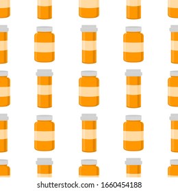 Illustration on theme big colored set different types of pills inside close jar. Pill pattern consisting of collection jars with quality control closed cap. Plastic jar open for drink laboratory pill.