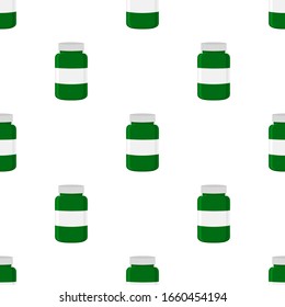 Illustration on theme big colored set different types of pills inside close jar. Pill pattern consisting of collection jars with quality control closed cap. Plastic jar open for drink laboratory pill.