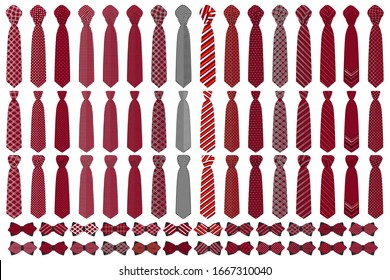 Illustration on theme big colored set neckties different types, bow tie various size. Necktie consisting of collection textile garments bow tie for beauty. Bow tie is accessory brutal man in necktie.