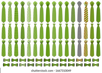 Illustration on theme big colored set neckties different types, bow tie various size. Necktie consisting of collection textile garments bow tie for beauty. Bow tie is accessory brutal man in necktie.