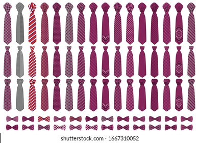 Illustration on theme big colored set neckties different types, bow tie various size. Necktie consisting of collection textile garments bow tie for beauty. Bow tie is accessory brutal man in necktie.