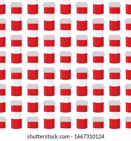Ilustración sobre el tema conjunto de colores grandes diferentes tipos de pastillas dentro de un frasco cercano. Patrón de píldora consistente en tarros de recogida con tapa cerrada de control de calidad. Frasco de plástico abierto para la píldora de laboratorio.