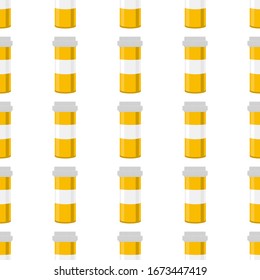 Ilustración sobre el tema conjunto de colores grandes diferentes tipos de pastillas dentro de un frasco cercano. Patrón de píldora consistente en tarros de recogida con tapa cerrada de control de calidad. Frasco de plástico abierto para la píldora de laboratorio.