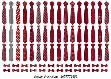 Illustration on theme big colored set neckties different types, bow tie various size. Necktie consisting of collection textile garments bow tie for beauty. Bow tie is accessory brutal man in necktie.