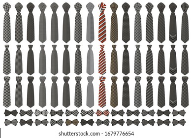 Illustration on theme big colored set neckties different types, bow tie various size. Necktie consisting of collection textile garments bow tie for beauty. Bow tie is accessory brutal man in necktie.