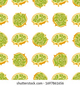 Illustration on theme big colored seamless kiwano, bright fruit pattern for seal. Fruit pattern consisting of beautiful seamless repeat kiwano. Simple colorful pattern fruit from seamless soft kiwano.
