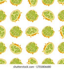Illustration on theme big colored seamless kiwano, bright fruit pattern for seal. Fruit pattern consisting of beautiful seamless repeat kiwano. Simple colorful pattern fruit from seamless soft kiwano.