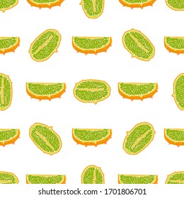Illustration on theme big colored seamless kiwano, bright fruit pattern for seal. Fruit pattern consisting of beautiful seamless repeat kiwano. Simple colorful pattern fruit from seamless soft kiwano.