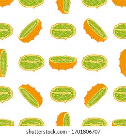 Ilustración sobre el tema de kiwano sin costuras, color de fruta brillante para sello. Patrón de frutas que consiste en un hermoso kiwano de repetición sin fisuras. Frutos simples y coloridos de kiwano suave sin fisuras.