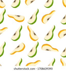 Ilustración sobre el tema de la pera sin soldadura de color grande, patrón de fruta brillante para la foca. Patrón de frutas que consiste en una hermosa pera repetida sin fisuras. Frutos simples y coloridos de pera sin fisuras.