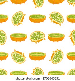 Illustration on theme big colored seamless kiwano, bright fruit pattern for seal. Fruit pattern consisting of beautiful seamless repeat kiwano. Simple colorful pattern fruit from seamless soft kiwano.