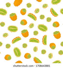 Illustration on theme big colored seamless kiwano, bright fruit pattern for seal. Fruit pattern consisting of beautiful seamless repeat kiwano. Simple colorful pattern fruit from seamless soft kiwano.