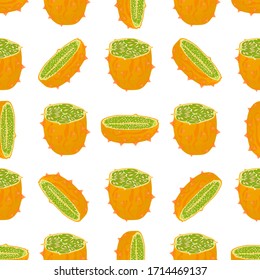 Illustration on theme big colored seamless kiwano, bright fruit pattern for seal. Fruit pattern consisting of beautiful seamless repeat kiwano. Simple colorful pattern fruit from seamless soft kiwano.