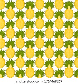 Ilustración sobre el tema de la piña sin costuras de color grande, patrón de fruta brillante para la foca. Patrón de frutas que consiste en una hermosa piña reproducida sin fisuras. Sencillo patrón colorido fruta piña sin fisuras.