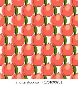 Ilustración sobre el tema de durazno sin costura de color grande, patrón de fruta brillante para foca. Patrón de frutas que consiste en un hermoso durazno de repetición sin costura. Sencillo fruto de patrón colorido a partir de melocotón suave y sin fisuras.